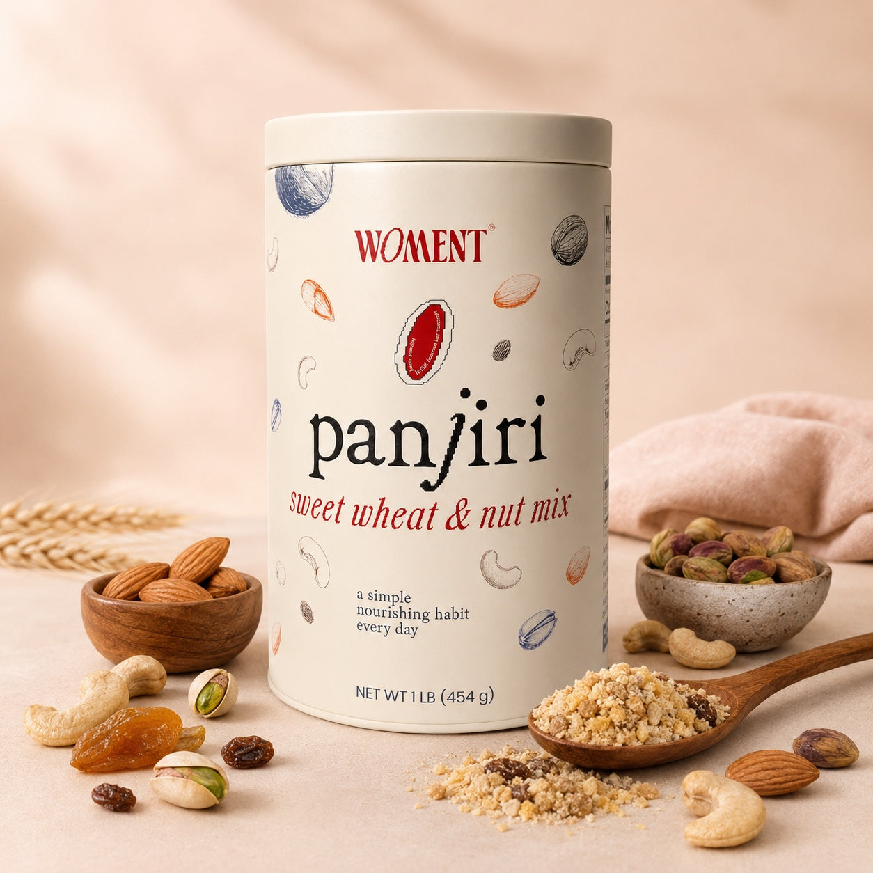 WOMENT panjiri tin with almonds, cashews, pistachios and the milled blend