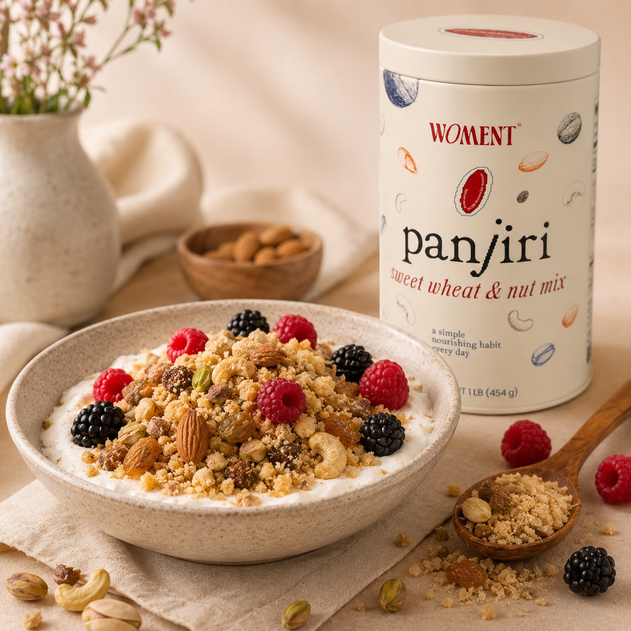 Panjiri over yogurt with berries beside the WOMENT tin